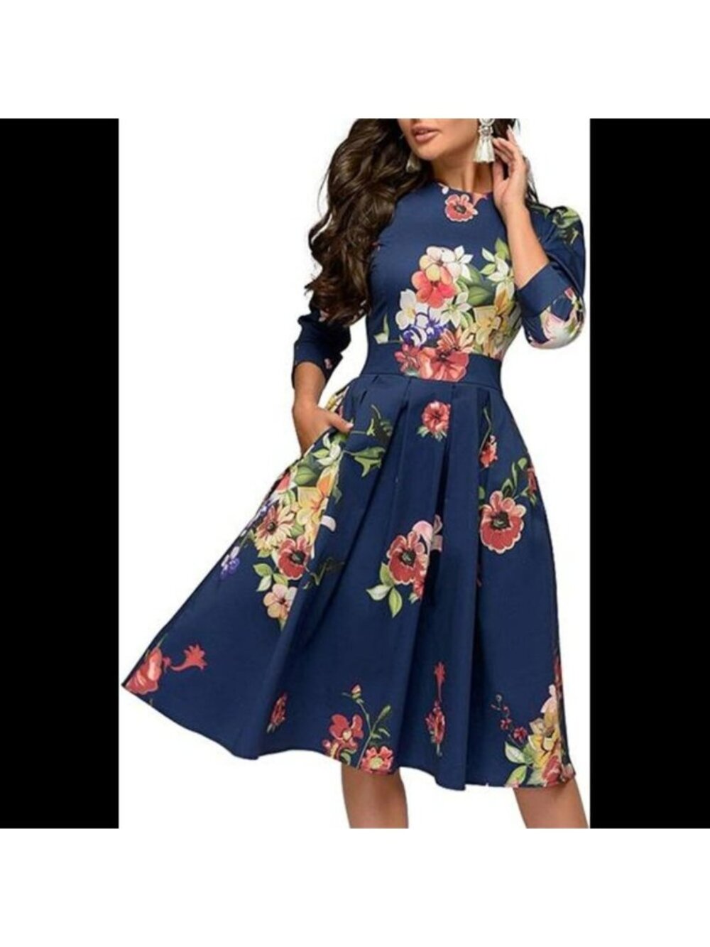 Women's Floral Vintage Dress Elegant Midi Evening Dress 3/4 Sleeves